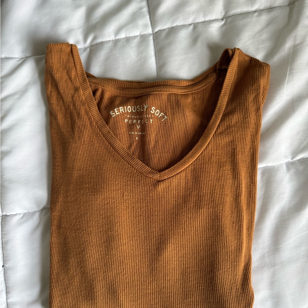 Rustic Brown Ribbed V-Neck Long Sleeve Tee